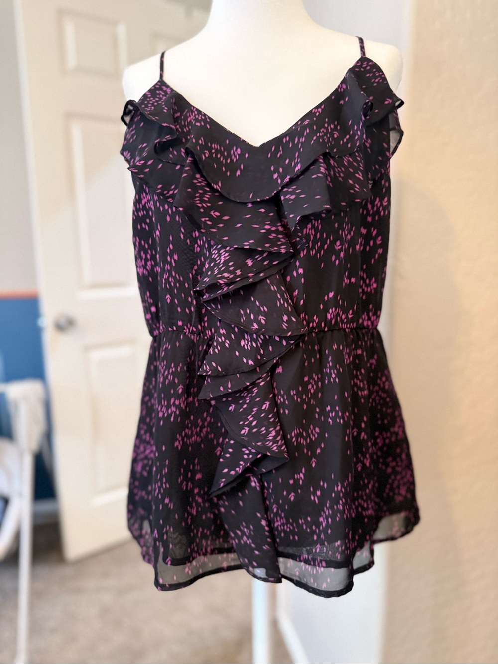 Very Dark Navy & Bright Purple Spaghetti Strap Frilly Top - M